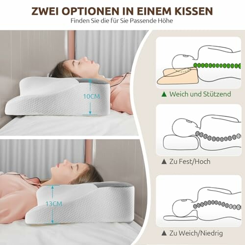 Kissen mit zwei Höhenoptionen für Nackenunterstützung.