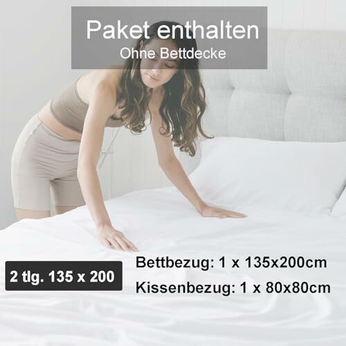 Frau richtet Bett mit Bettbezug-Set