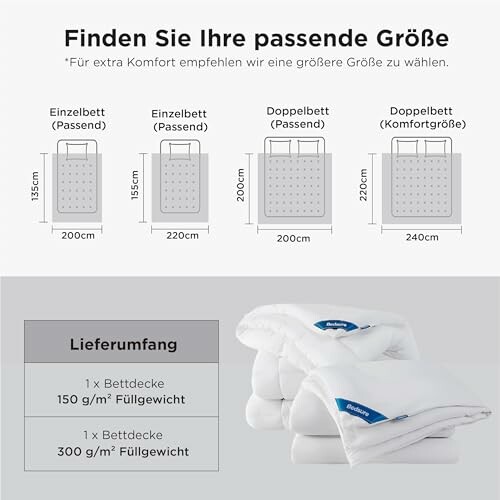Größentabelle für Bettdecken mit Empfehlungen und Lieferumfang.