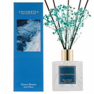 Raumdüfter mit blauen Blumen und Verpackung mit Meermotiv.