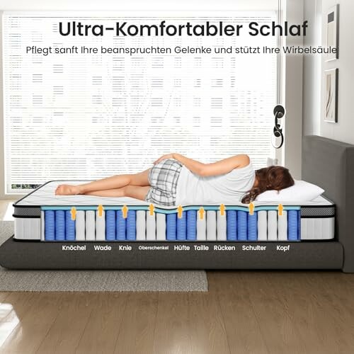 Frau schläft bequem auf einer Matratze mit Unterstützung für verschiedene Körperteile.