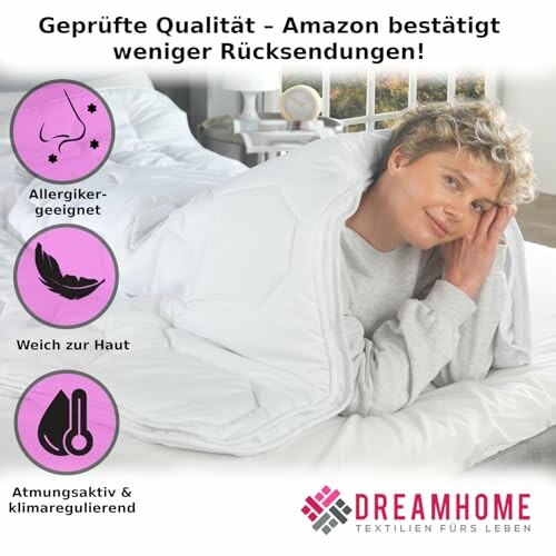 Person entspannt sich unter einer weißen Bettdecke mit Allergiker-Symbolen