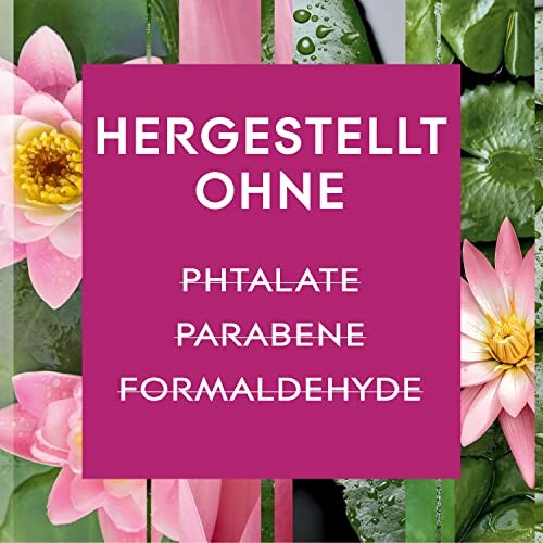 Hergestellt ohne Phthalate, Parabene, Formaldehyd, mit Blumenhintergrund.