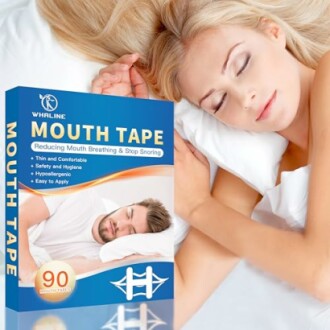 Frau schläft friedlich neben Mundklebeband-Verpackung.