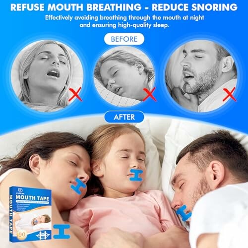 Mundpflaster zur Reduzierung von Schnarchen, zeigt Vorher-Nachher-Bilder.