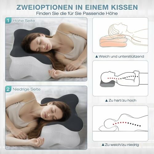 Frau liegt auf ergonomischem Kissen mit zwei Höhenoptionen.