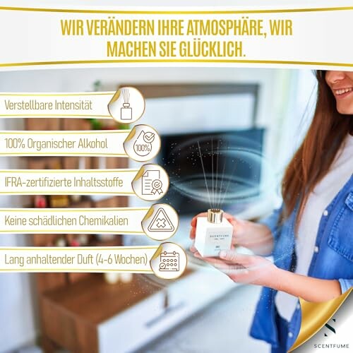Werbung für Raumduft mit verstellbarer Intensität und lang anhaltendem Duft.